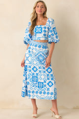 Prosperina Presley Blue Tile Print Cotton Crop Top