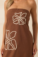 Right Where I Am Brown Floral Embroidered Strapless Midi Dress