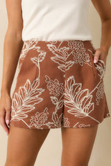 It Just Clicked Brown Cotton Floral Embroidered High Waisted Shorts