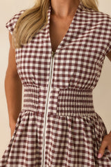 The Evette Brown Gingham Cotton Zip Front Midi Dress