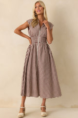 The Evette Brown Gingham Cotton Zip Front Midi Dress
