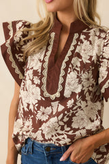 You Know The Rest Brown Floral Print Cotton Flutter Sleeve Top