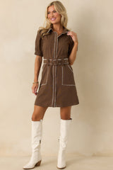 Heard It Before Brown Cotton Belted Mini Shirt Dress