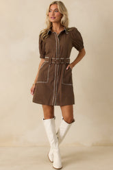 Heard It Before Brown Cotton Belted Mini Shirt Dress