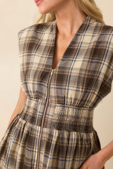 The Evette Mocha Brown Tartan Plaid Cotton Zip Front Midi Dress