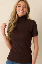 In Just A Minute Brown Ribbed Turtleneck Short Sleeve Sweater