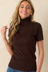 In Just A Minute Brown Ribbed Turtleneck Short Sleeve Sweater