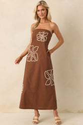 Right Where I Am Brown Floral Embroidered Strapless Midi Dress