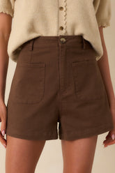 For The Moment Brown Cotton High Waisted Patch Pocket Shorts