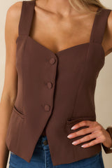 Sweet And Certain Chocolate Brown Button Front Waistcoat Top