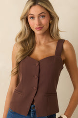 Sweet And Certain Chocolate Brown Button Front Waistcoat Top