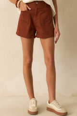 For The Moment Cinnamon Brown Cotton High Waisted Patch Pocket Shorts