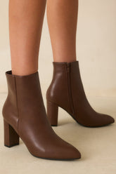 From Here On Brown Faux Leather Block Heel Ankle Boots