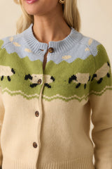 As Time Unwinds Ecru Beige Multi Sheep Print Button Up Cardigan