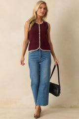 That's For Sure Burgundy Contrast Trim Button Up Sweater Vest