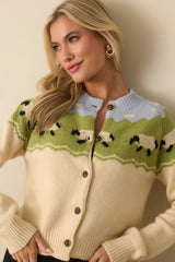 As Time Unwinds Ecru Beige Multi Sheep Print Button Up Cardigan