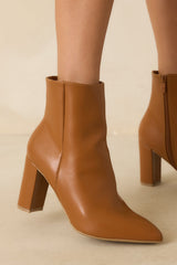 From Here On Caramel Brown Faux Leather Block Heel Ankle Boots