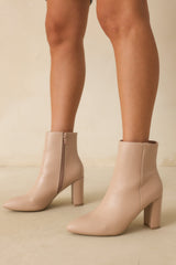 From Here On Beige Faux Leather Block Heel Ankle Boots (BACKORDER FALL 2027)