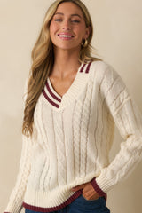 Count On Me Ivory Contrast Trim V-Neck Cable Knit Sweater