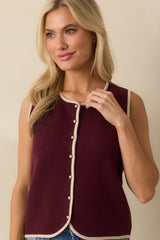 That's For Sure Burgundy Contrast Trim Button Up Sweater Vest