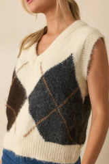 At The Right Time Ivory Argyle V-Neck Sweater Vest