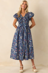 A Subtle Shift Dusty Blue Multi Floral Print Cotton Midi Dress