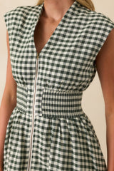The Evette Forest Green Gingham Cotton Zip Front Midi Dress