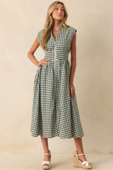 The Evette Forest Green Gingham Cotton Zip Front Midi Dress