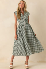 The Evette Forest Green Gingham Cotton Zip Front Midi Dress