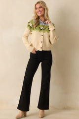 As Time Unwinds Ecru Beige Multi Sheep Print Button Up Cardigan