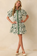 As It Happens Green Floral Print Cotton Puff Sleeve Mini Dress
