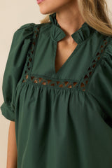 Feels Just Right Hunter Green Puff Sleeve Embroidered Eyelet Mini Dress