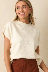 The Clear Choice Ivory Short Sleeve Argyle Stitch Sweater