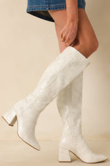 Always A Step Ahead Ivory Faux Snakeskin Knee High Boots