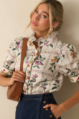 Full Of Light Ivory Multi Floral Print Cotton Button Up Top