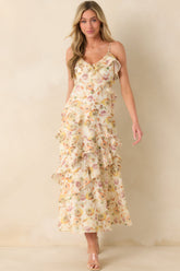 Left Me Speechless Ivory Multi Floral Print Ruffle Maxi Dress