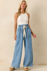 Perfectly Unplanned Light Wash Cotton Chambray Wide Leg Pants