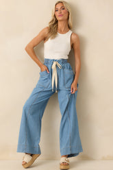 Perfectly Unplanned Light Wash Cotton Chambray Wide Leg Pants