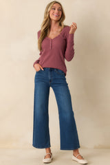 Everyday Envy Plum Purple Ribbed Cotton Long Sleeve Henley Tee