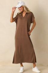 Made The Right Call Mocha Brown Collared Midi T-Shirt Dress