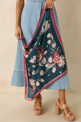 Traditional Living On Navy Multi Floral Print Satin Scarf