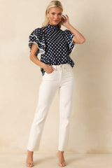 Prosperina Blair Navy Polka Dot Cotton Ruffle Top