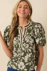 A Good Sign Olive Green Floral Print Cotton Puff Sleeve Top