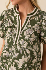 A Good Sign Olive Green Floral Print Cotton Puff Sleeve Top