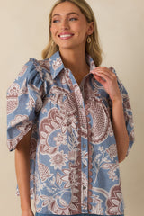 End Of Story Ash Blue Multi Paisley Floral Print Cotton Blouse