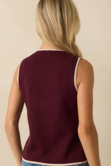 That's For Sure Burgundy Contrast Trim Button Up Sweater Vest
