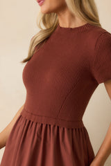 No Other Way Rust Ribbed Knit Bodice Short Sleeve Maxi Dress
