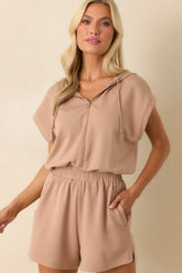 Spinning The Story Tan Half Zip Romper