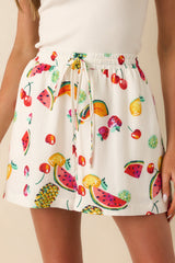 It's All Good Ivory Multi Fruit Print High Waisted Drawstring Shorts