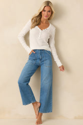 Everyday Envy Ivory Ribbed Cotton Long Sleeve Henley Tee